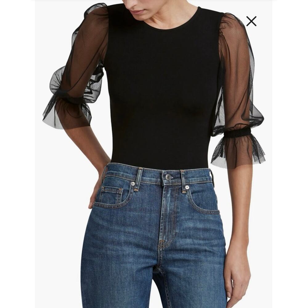 NWOT Marcella Bellerose Mixed Media Mesh
Sleeve Bodysuit in Black SZ L
